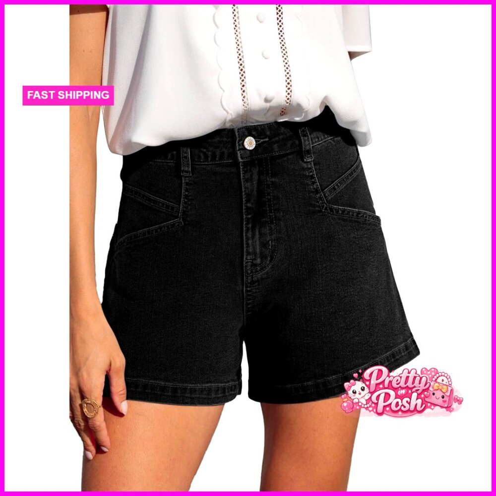 High Waisted Stretchy Denim Shorts with Pockets